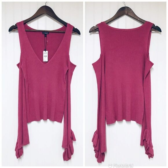 EXPRESS Pink Low Cut Cutout Sweater Top Cold Shoulder Bell Sleeve Size Large New - Picture 2 of 8